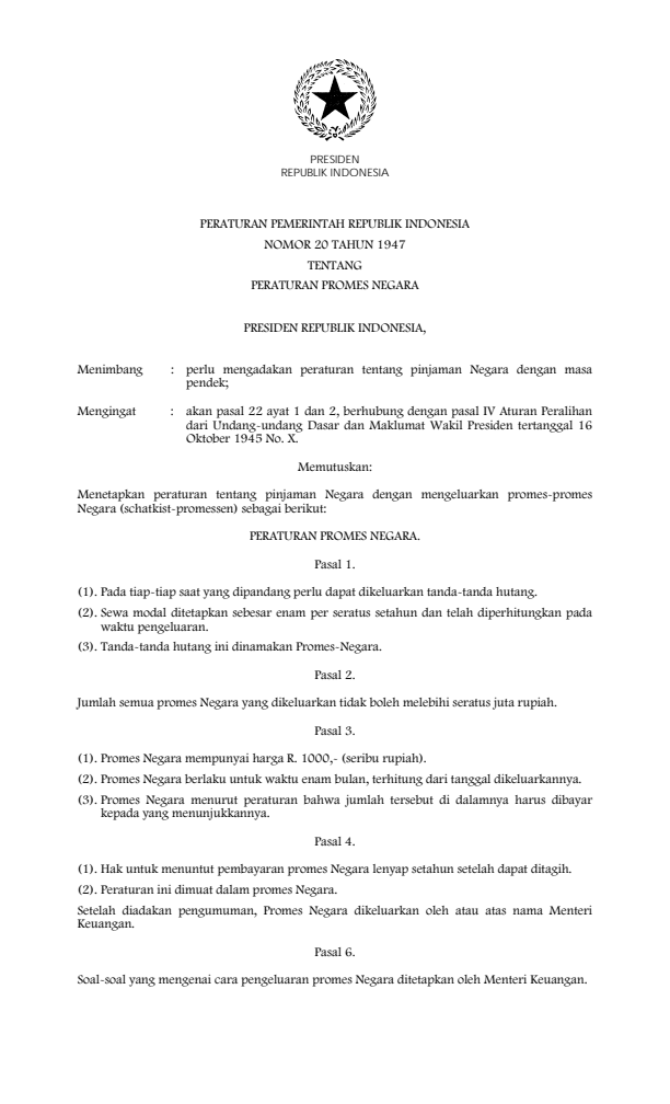 Peraturan Pemerintah Penganti Undang-undang Nomor 20 Tahun 1947