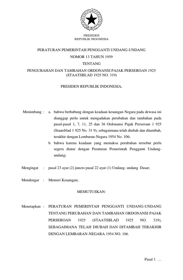 Peraturan Pemerintah Penganti Undang-undang Nomor 13 Tahun 1959