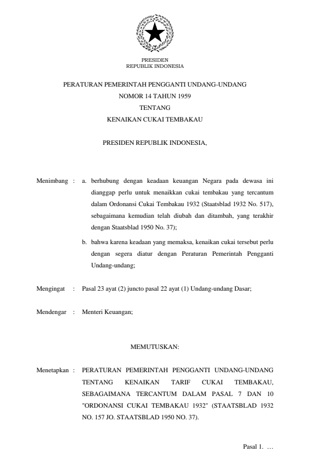 Peraturan Pemerintah Penganti Undang-undang Nomor 14 Tahun 1959