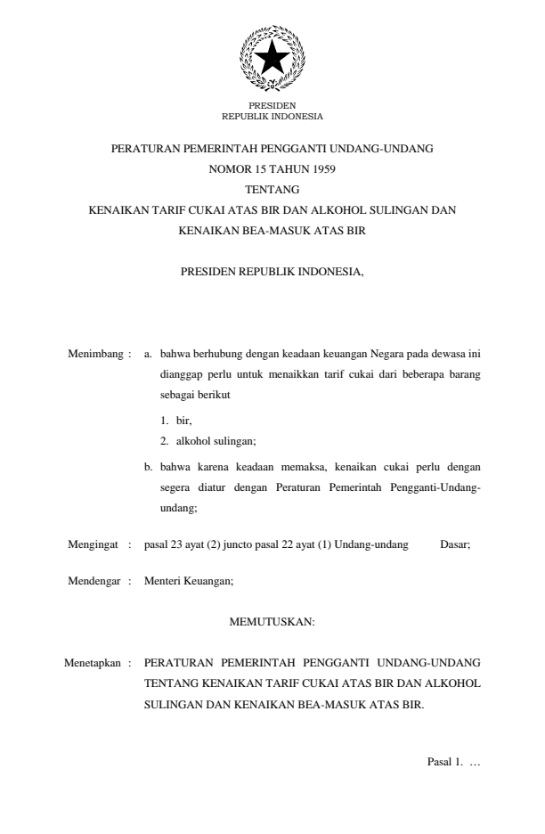 Peraturan Pemerintah Penganti Undang-undang Nomor 15 Tahun 1959