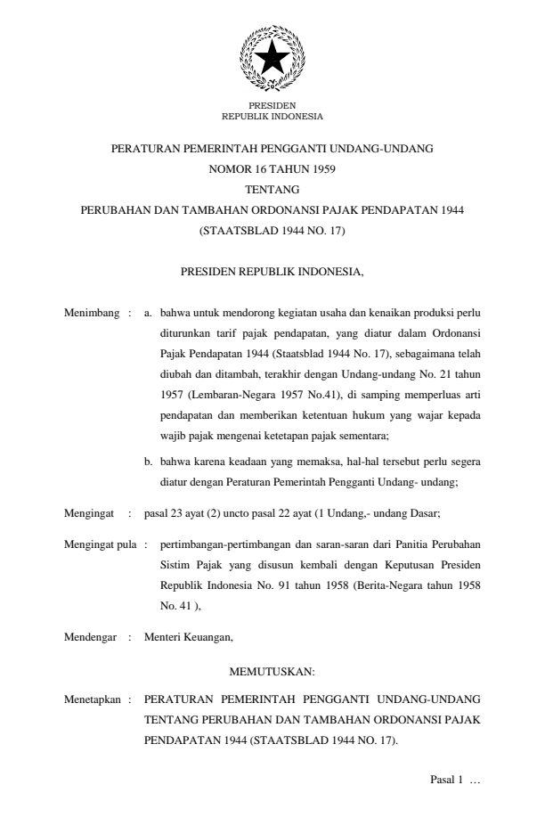 Peraturan Pemerintah Penganti Undang-undang Nomor 16 Tahun 1959