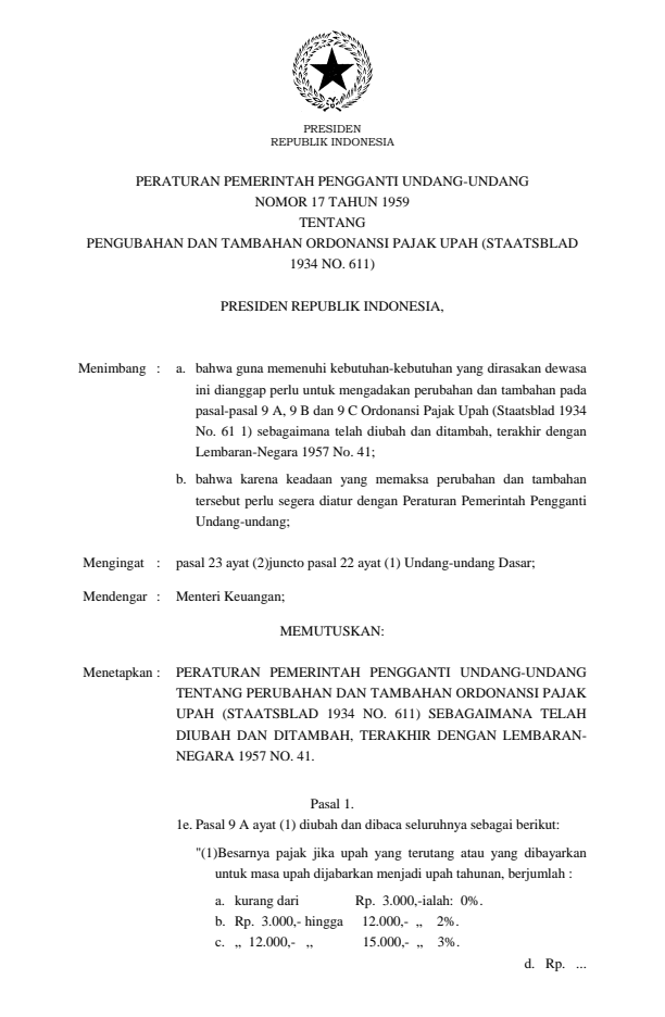 Peraturan Pemerintah Penganti Undang-undang Nomor 17 Tahun 1959