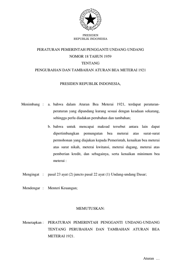 Peraturan Pemerintah Penganti Undang-undang Nomor 18 Tahun 1959