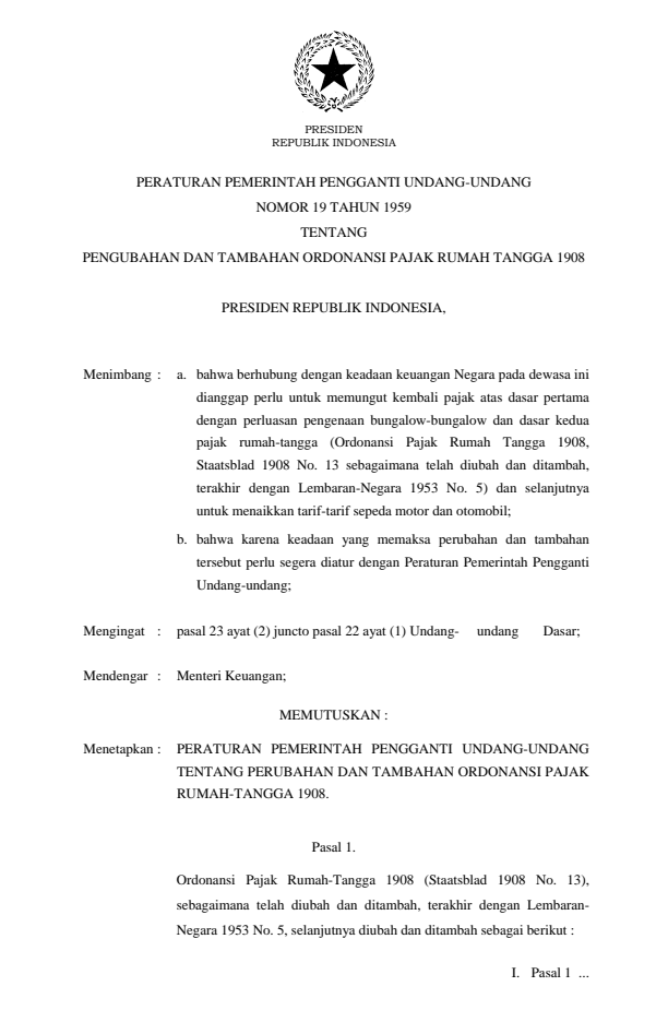 Peraturan Pemerintah Penganti Undang-undang Nomor 19 Tahun 1959