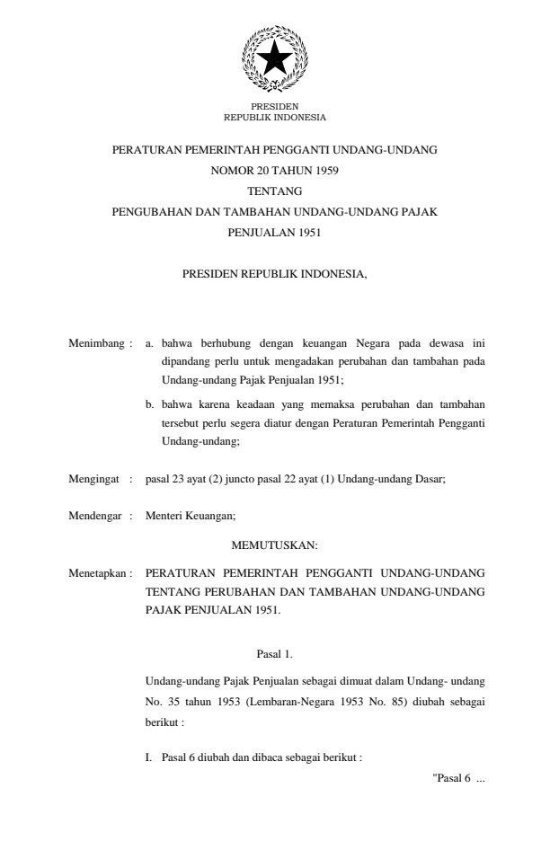 Peraturan Pemerintah Penganti Undang-undang Nomor 20 Tahun 1959