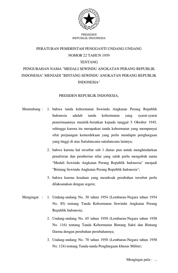 Peraturan Pemerintah Penganti Undang-undang Nomor 22 Tahun 1959