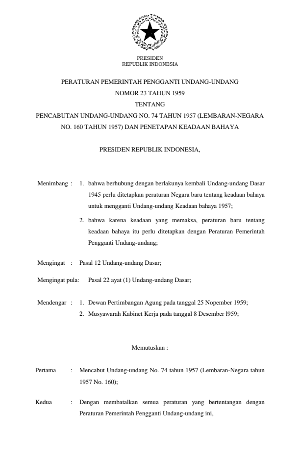 Peraturan Pemerintah Penganti Undang-undang Nomor 23 Tahun 1959