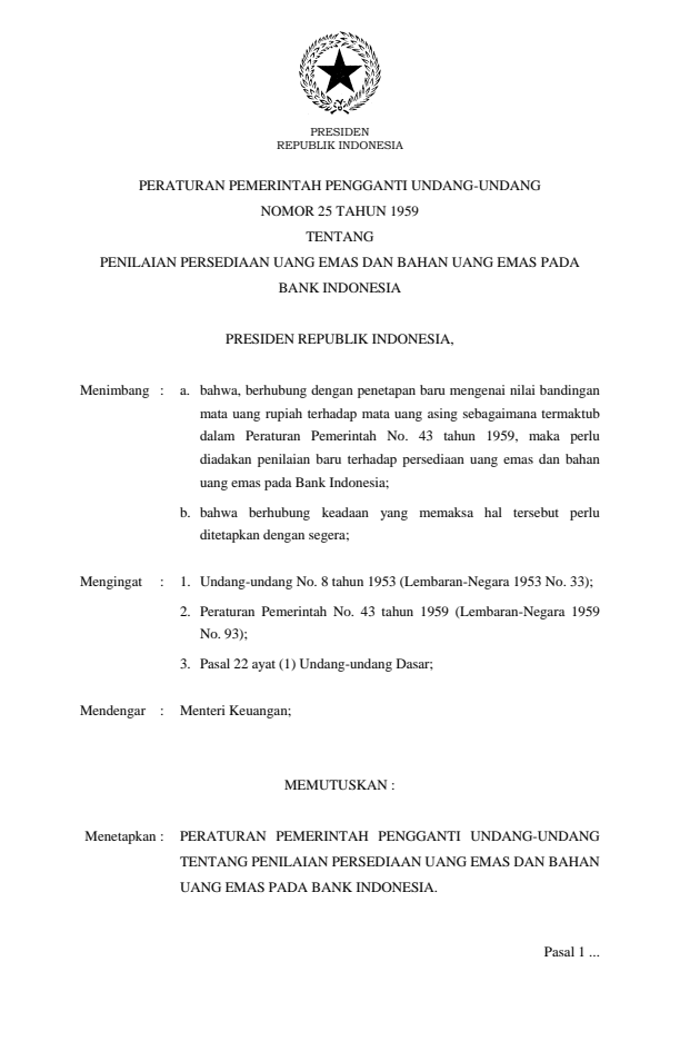 Peraturan Pemerintah Penganti Undang-undang Nomor 25 Tahun 1959