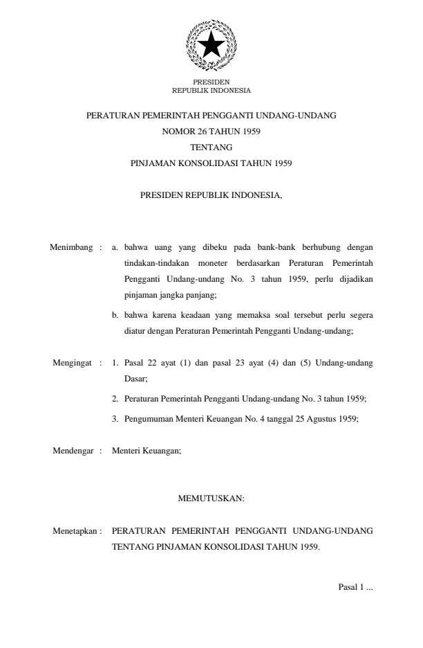 Peraturan Pemerintah Penganti Undang-undang Nomor 26 Tahun 1959