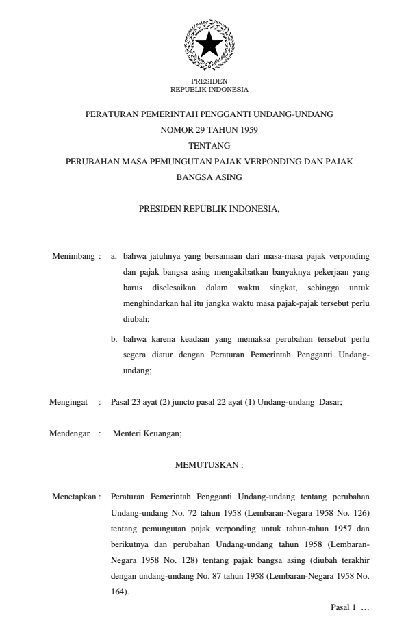 Peraturan Pemerintah Penganti Undang-undang Nomor 29 Tahun 1959