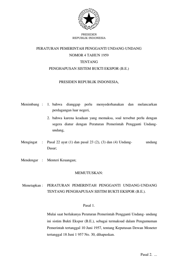 Peraturan Pemerintah Penganti Undang-undang Nomor 4 Tahun 1959