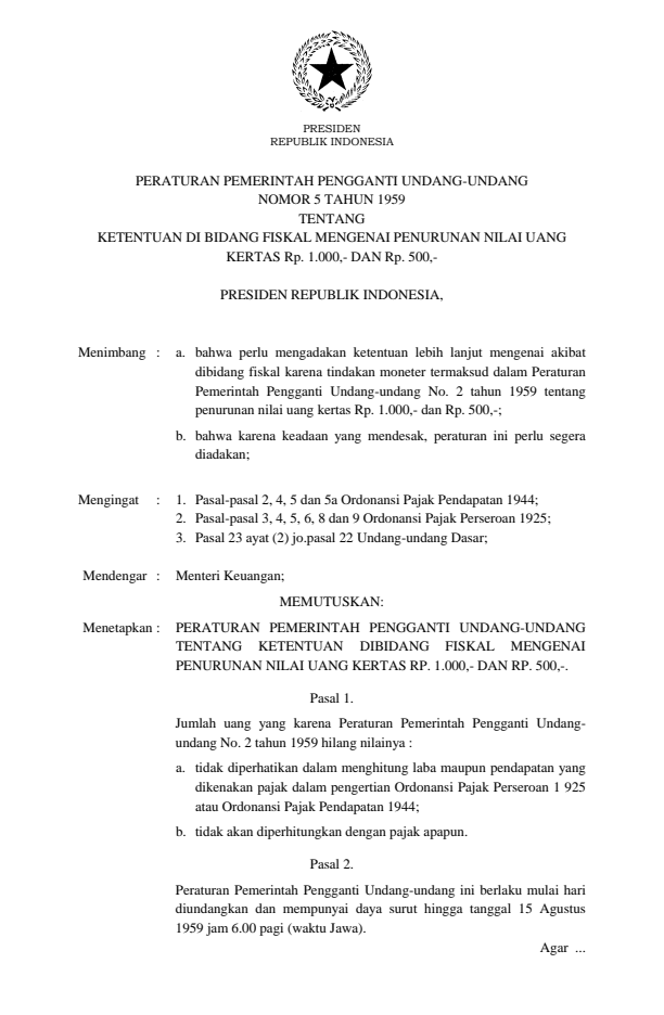 Peraturan Pemerintah Penganti Undang-undang Nomor 5 Tahun 1959