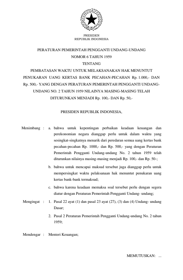 Peraturan Pemerintah Penganti Undang-undang Nomor 6 Tahun 1959