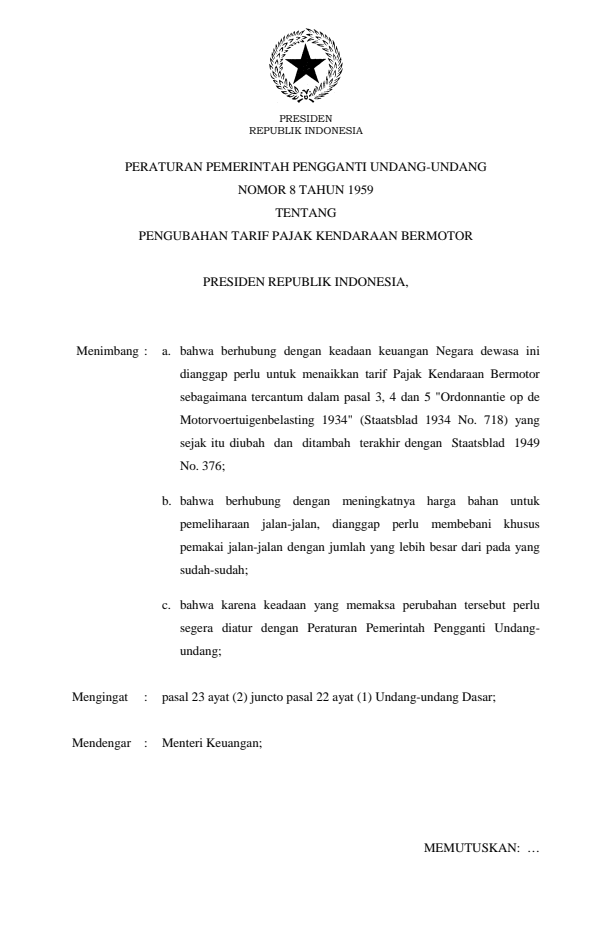 Peraturan Pemerintah Penganti Undang-undang Nomor 8 Tahun 1959