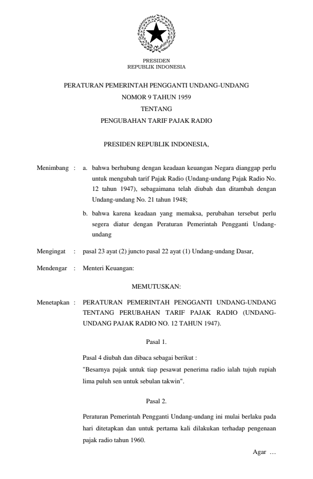 Peraturan Pemerintah Penganti Undang-undang Nomor 9 Tahun 1959