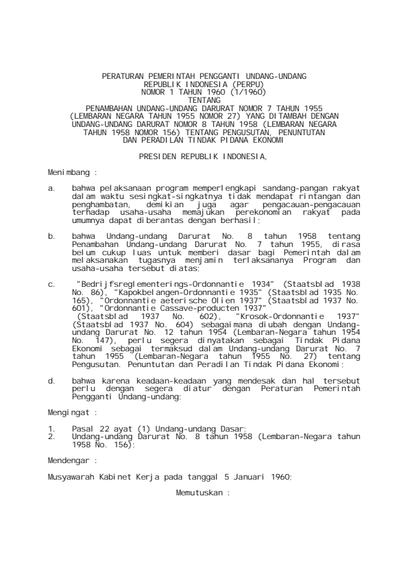 Peraturan Pemerintah Penganti Undang-undang Nomor 1 Tahun 1960