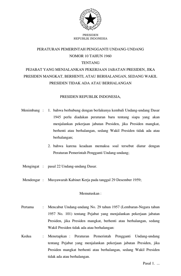 Peraturan Pemerintah Penganti Undang-undang Nomor 10 Tahun 1960