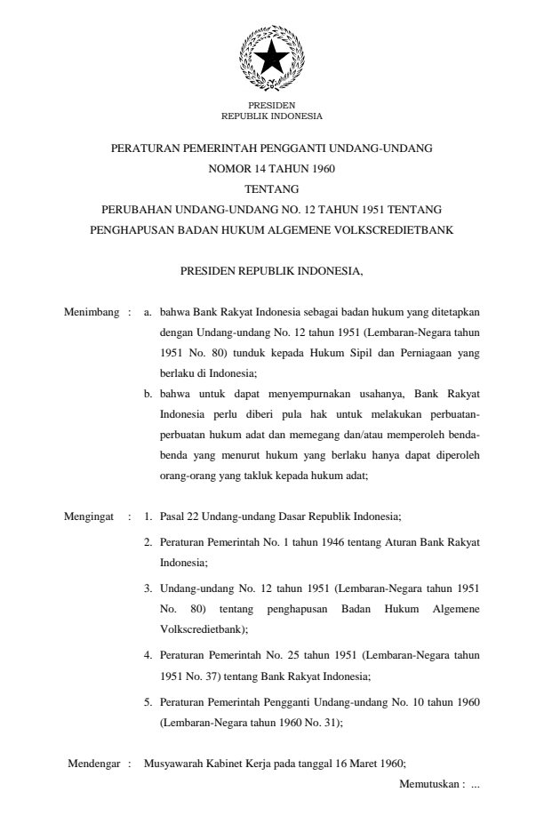 Peraturan Pemerintah Penganti Undang-undang Nomor 14 Tahun 1960