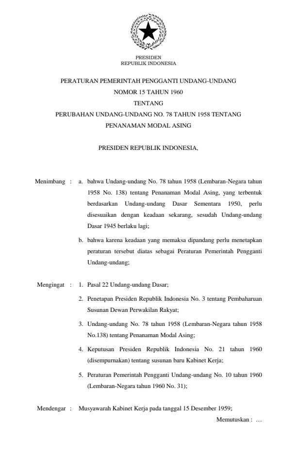 Peraturan Pemerintah Penganti Undang-undang Nomor 15 Tahun 1960