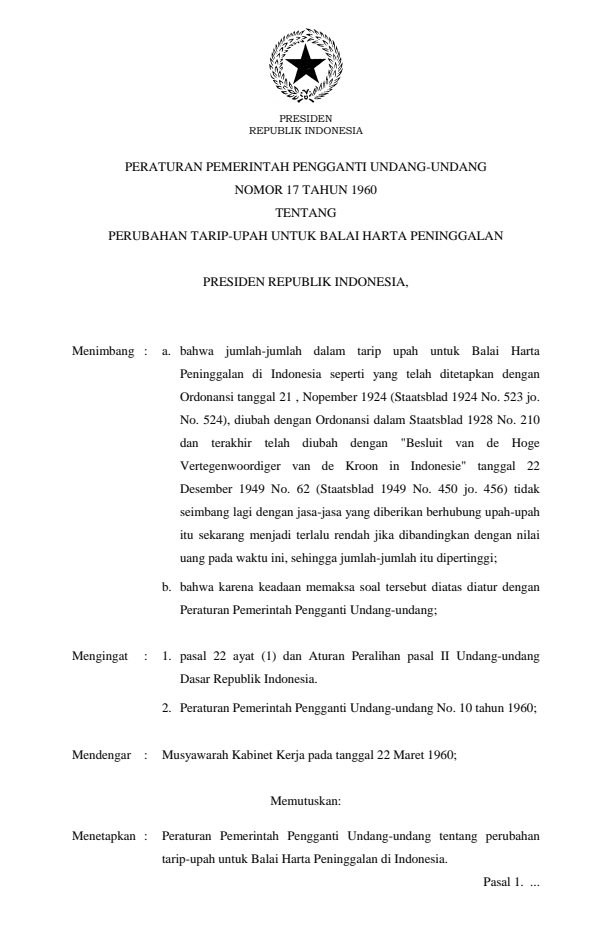 Peraturan Pemerintah Penganti Undang-undang Nomor 17 Tahun 1960