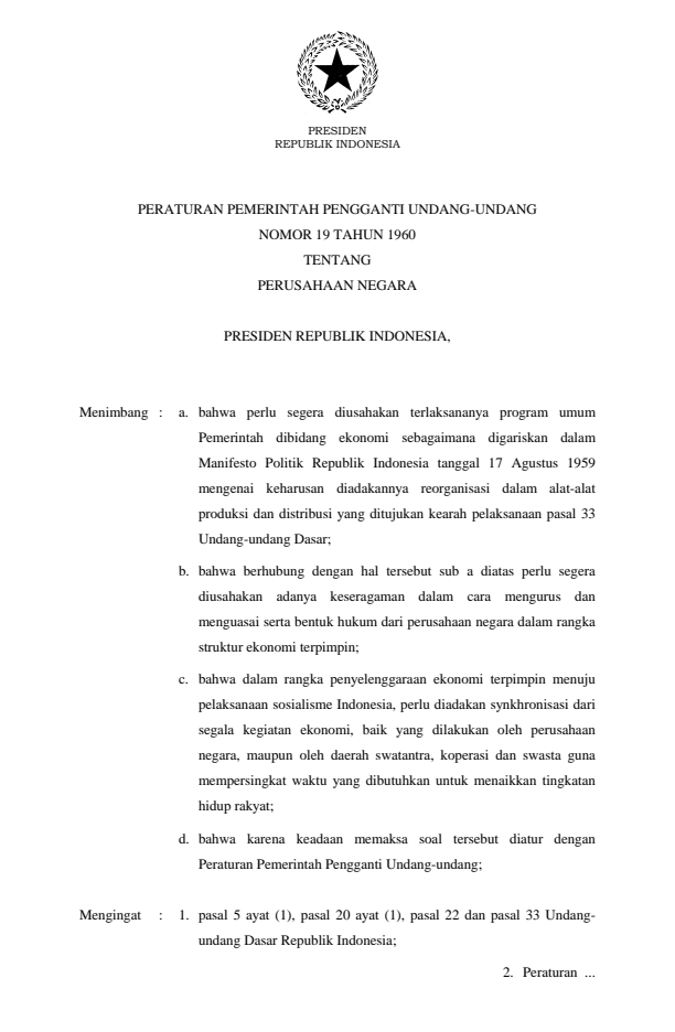 Peraturan Pemerintah Penganti Undang-undang Nomor 19 Tahun 1960