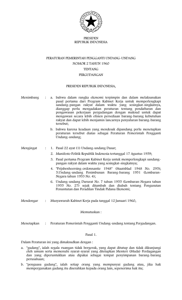 Peraturan Pemerintah Penganti Undang-undang Nomor 2 Tahun 1960