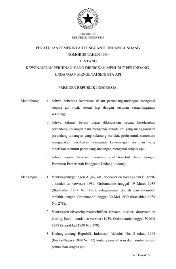 Peraturan Pemerintah Penganti Undang-undang Nomor 20 Tahun 1960