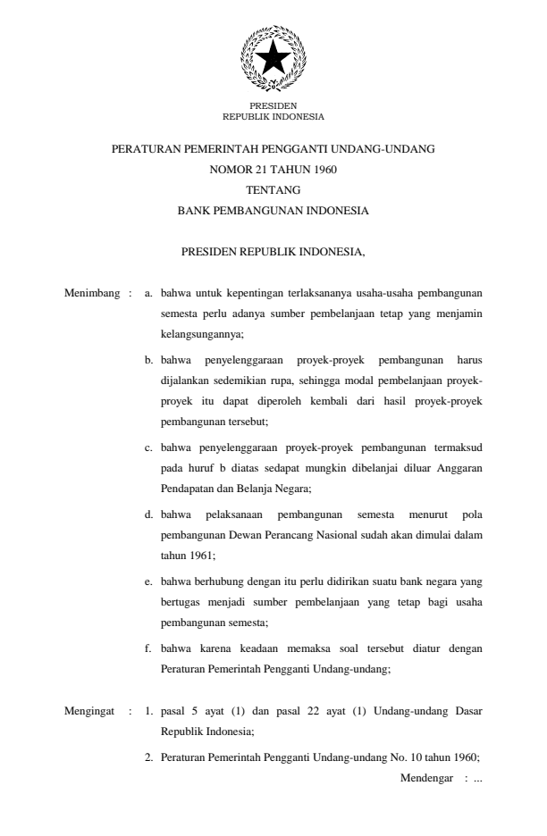 Peraturan Pemerintah Penganti Undang-undang Nomor 21 Tahun 1960