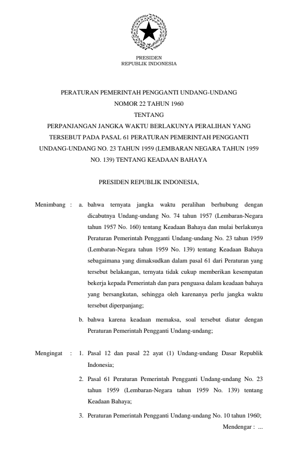 Peraturan Pemerintah Penganti Undang-undang Nomor 22 Tahun 1960