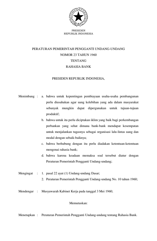 Peraturan Pemerintah Penganti Undang-undang Nomor 23 Tahun 1960