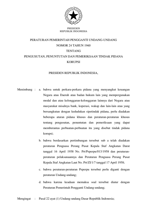 Peraturan Pemerintah Penganti Undang-undang Nomor 24 Tahun 1960