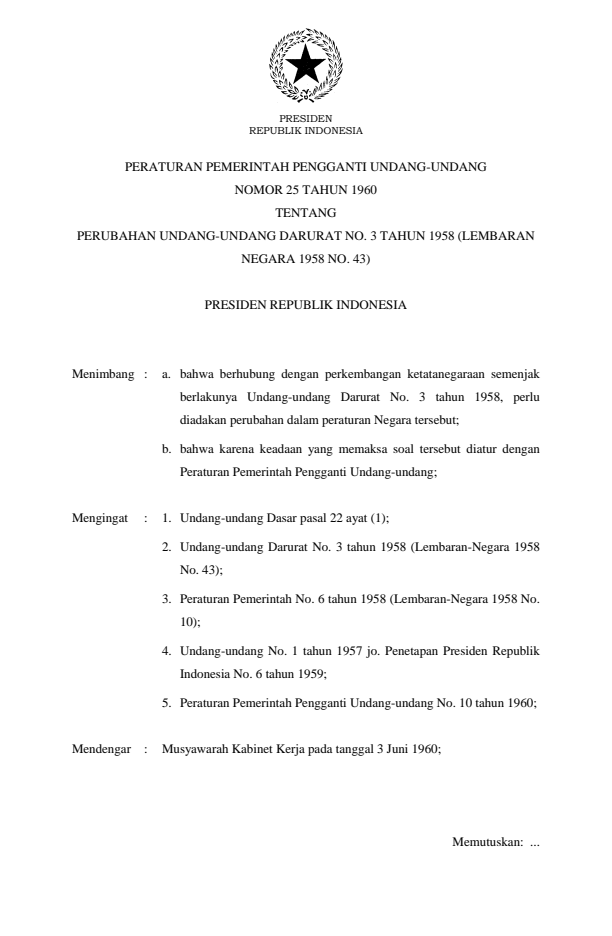 Peraturan Pemerintah Penganti Undang-undang Nomor 25 Tahun 1960