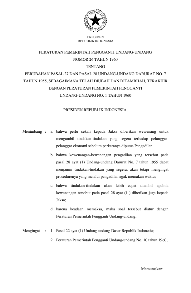 Peraturan Pemerintah Penganti Undang-undang Nomor 26 Tahun 1960