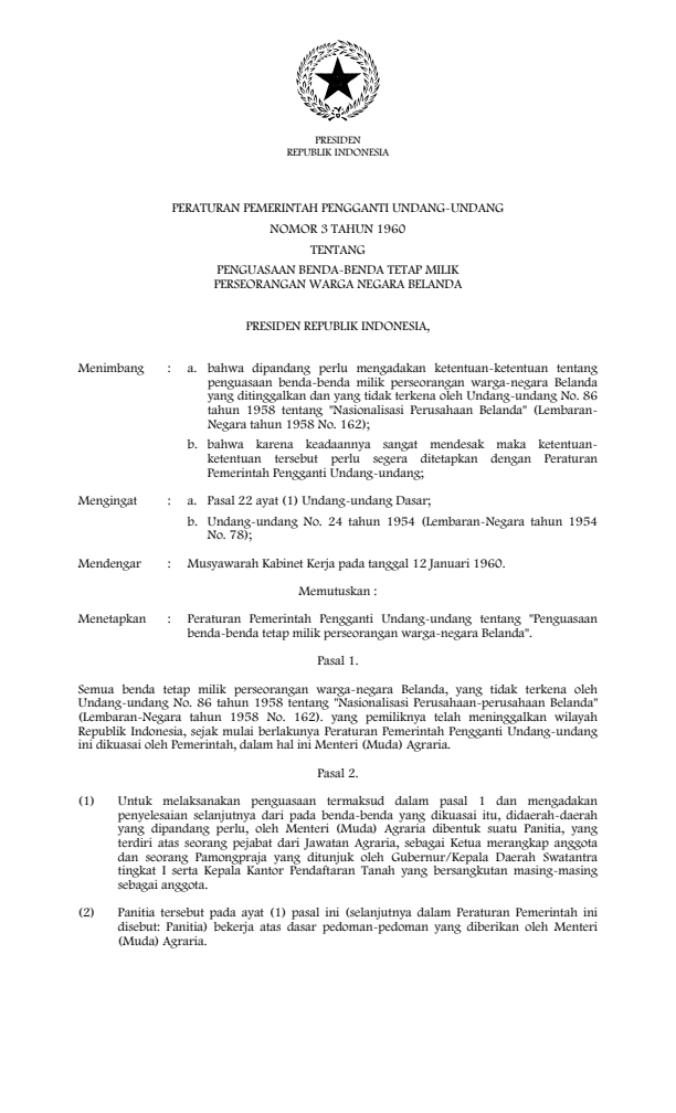 Peraturan Pemerintah Penganti Undang-undang Nomor 3 Tahun 1960