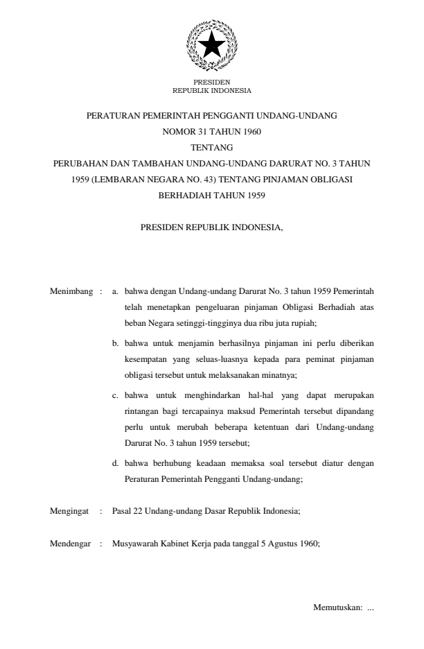 Peraturan Pemerintah Penganti Undang-undang Nomor 31 Tahun 1960