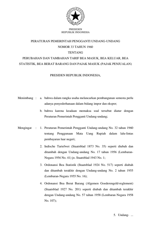 Peraturan Pemerintah Penganti Undang-undang Nomor 33 Tahun 1960