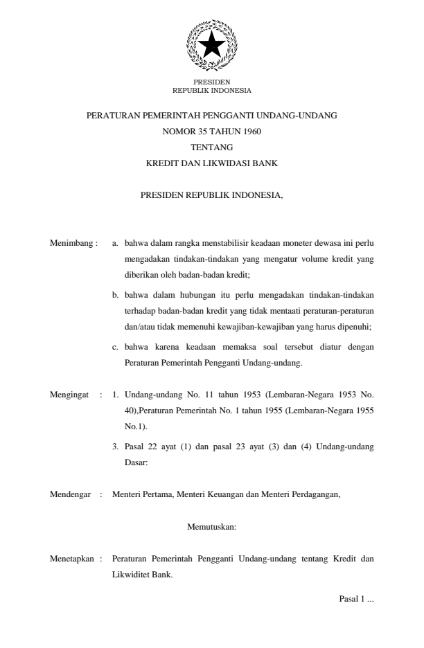 Peraturan Pemerintah Penganti Undang-undang Nomor 35 Tahun 1960