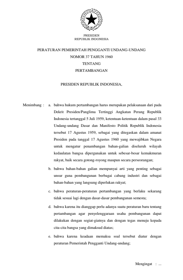 Peraturan Pemerintah Penganti Undang-undang Nomor 37 Tahun 1960