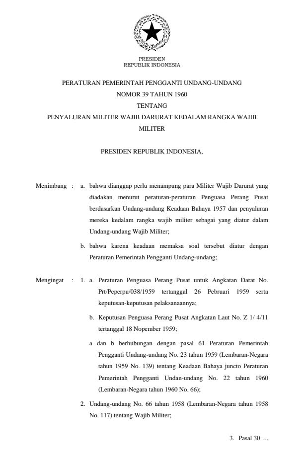 Peraturan Pemerintah Penganti Undang-undang Nomor 39 Tahun 1960