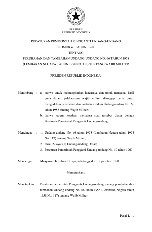 Peraturan Pemerintah Penganti Undang-undang Nomor 40 Tahun 1960