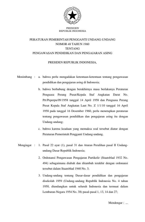 Peraturan Pemerintah Penganti Undang-undang Nomor 48 Tahun 1960