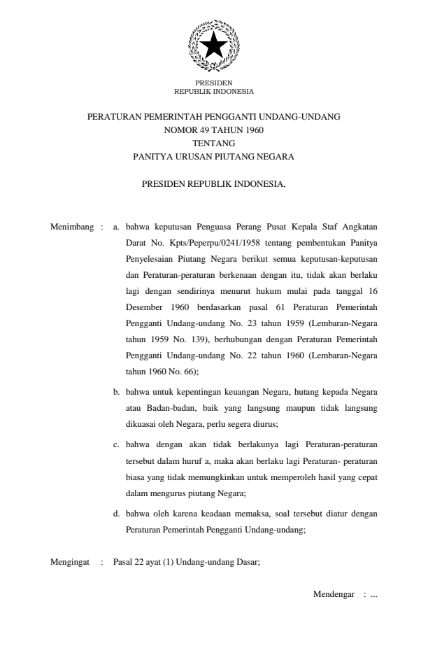 Peraturan Pemerintah Penganti Undang-undang Nomor 49 Tahun 1960