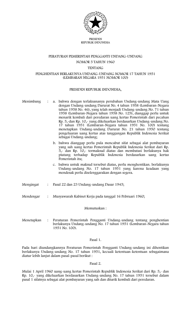 Peraturan Pemerintah Penganti Undang-undang Nomor 5 Tahun 1960