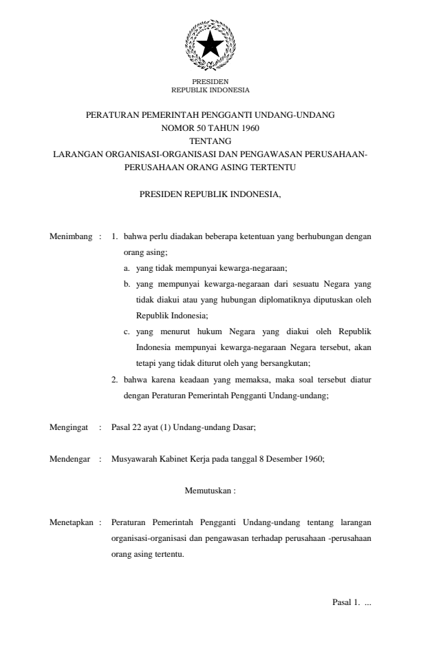 Peraturan Pemerintah Penganti Undang-undang Nomor 50 Tahun 1960