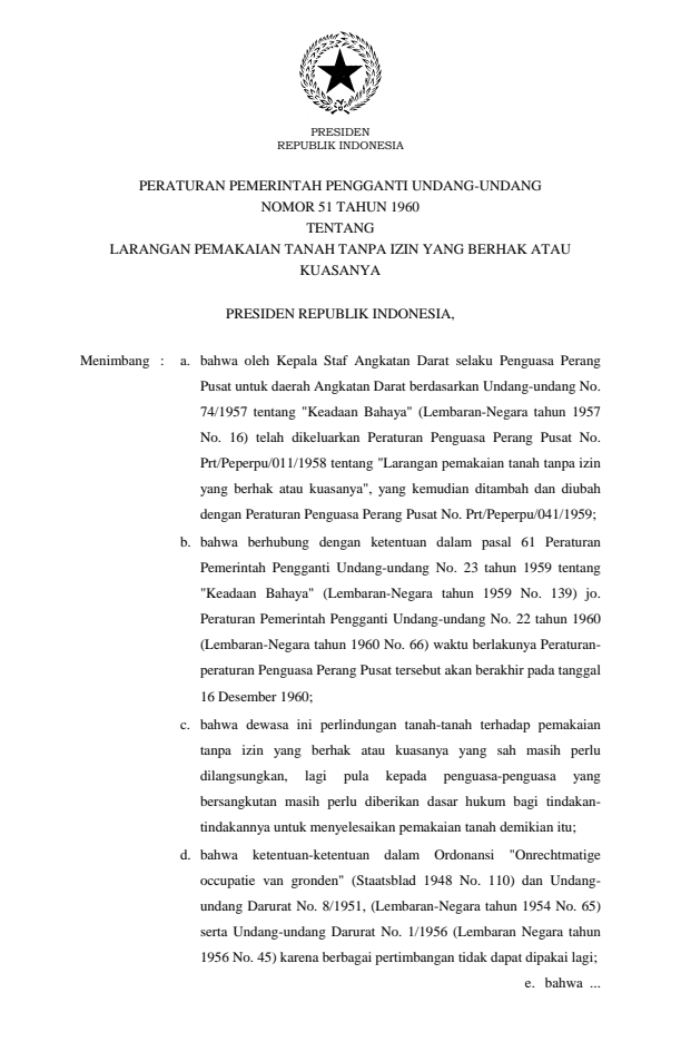 Peraturan Pemerintah Penganti Undang-undang Nomor 51 Tahun 1960