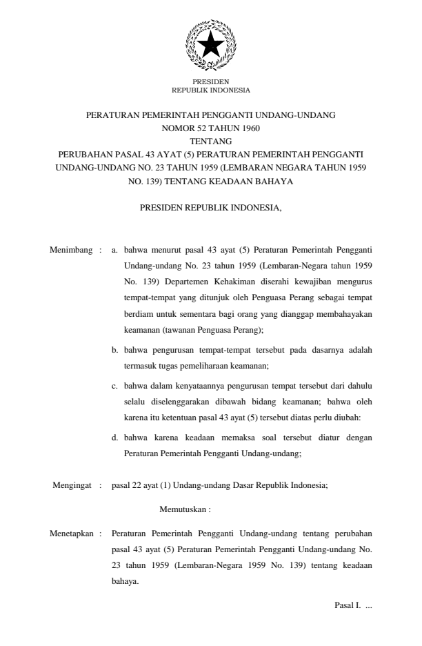 Peraturan Pemerintah Penganti Undang-undang Nomor 52 Tahun 1960