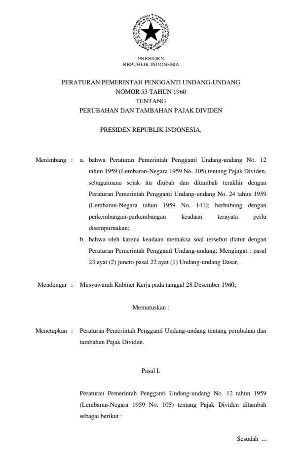 Peraturan Pemerintah Penganti Undang-undang Nomor 53 Tahun 1960