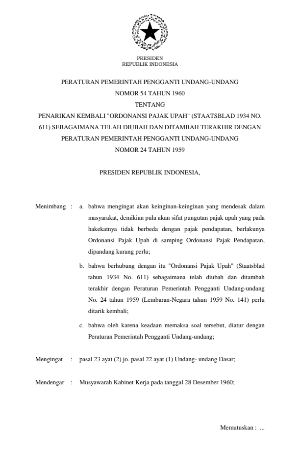 Peraturan Pemerintah Penganti Undang-undang Nomor 54 Tahun 1960