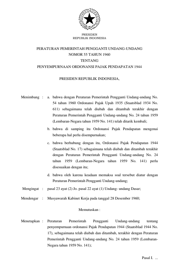 Peraturan Pemerintah Penganti Undang-undang Nomor 55 Tahun 1960