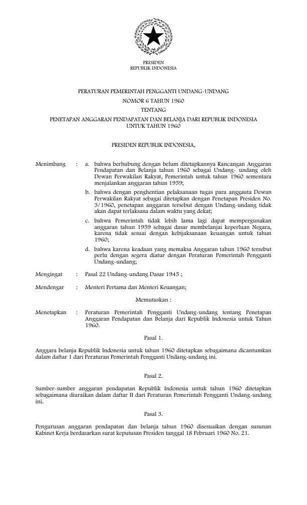 Peraturan Pemerintah Penganti Undang-undang Nomor 6 Tahun 1960